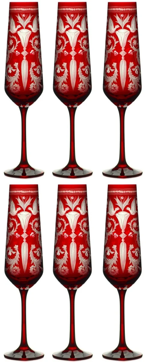 Casa Padrino Luxus Champagnerglas 6er Set Rot / Silber Ø 6,5 x H. 26,5 cm - Handgefertigte und handgravierte Champagnergläser - Hotel & Restaurant Accessoires - Luxus Qualität