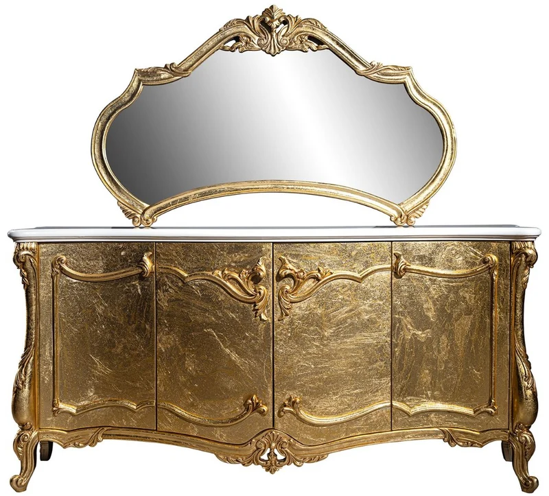 Casa Padrino Luxus Barock Möbel Set Sideboard mit Spiegel Weiß / Gold - Prunkvoller Massivholz Schrank mit elegantem Wandspiegel - Möbel im Barockstil