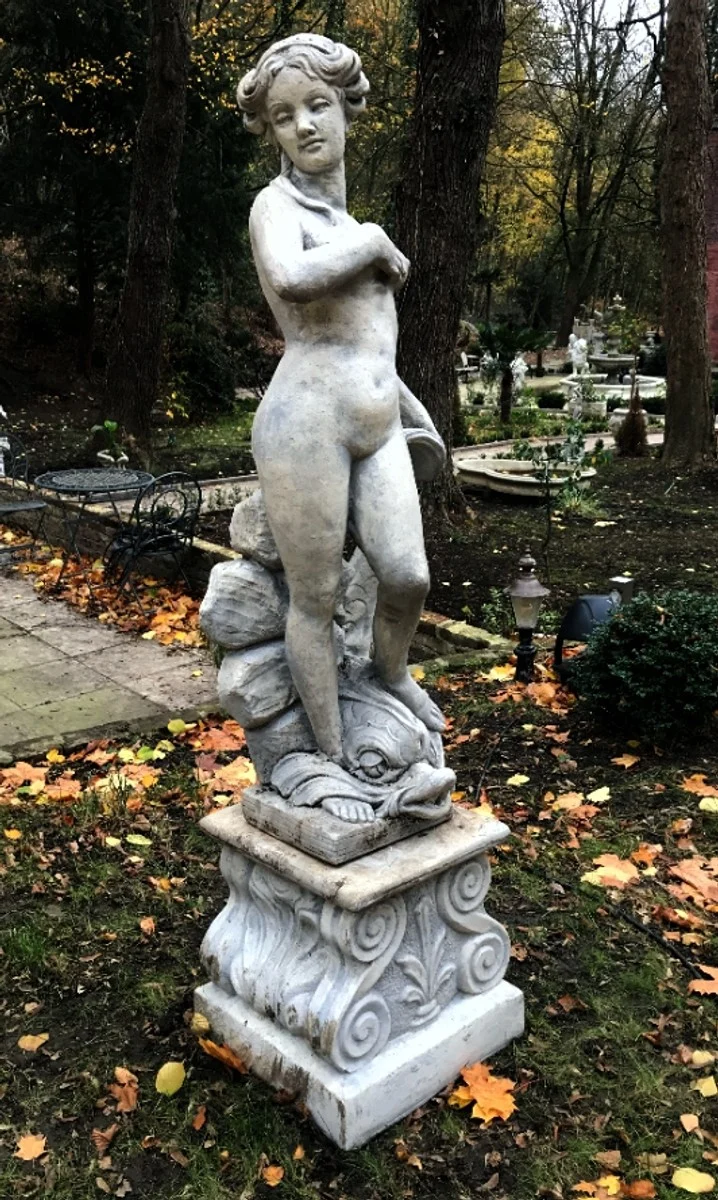 Massive schwere Anik Stil Skulptur / Statue Mädchen mit Delfin mit Sockel Antikgrau von Casa Padrino - Steinfigur Barock Gartenskulptur - sehr schwer -