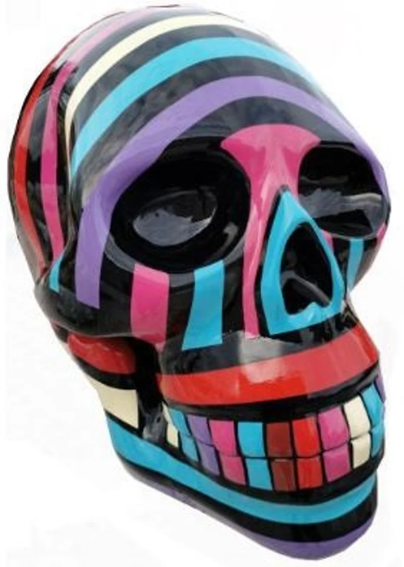 Casa Padrino Designer Deko Skulptur Totenkopf Schwarz / Bunt 44 x 58 x H. 66 cm - Wetterbeständige Dekofigur - Wohnzimmer Deko - Garten Deko