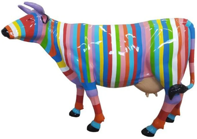 Casa Padrino Designer Gartendeko Skulptur Kuh mit Streifen Mehrfarbig 210 x 55 x H. 147 cm - Riesige wetterbeständige Dekofigur - Lebensgroße Tierfigur