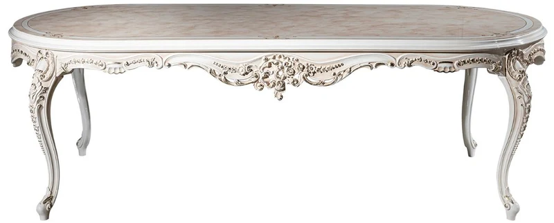 Casa Padrino Luxus Barock Esszimmer Set Lila / Beige / Weiß / Gold - 1 Ovaler Esstisch & 6 Esszimmerstühle mit elegantem Muster - Barock Esszimmer Möbel - Edel & Prunkvoll