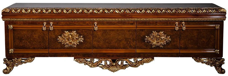 Casa Padrino Luxus Barock Möbel Set Braun / Gold - Edler Massivholz TV Schrank mit 2 Vitrinen - Barock Wohnzimmer Möbel
