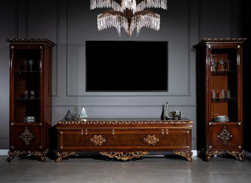 Casa Padrino Luxus Barock Möbel Set Braun / Gold - Edler Massivholz TV Schrank mit 2 Vitrinen - Barock Wohnzimmer Möbel