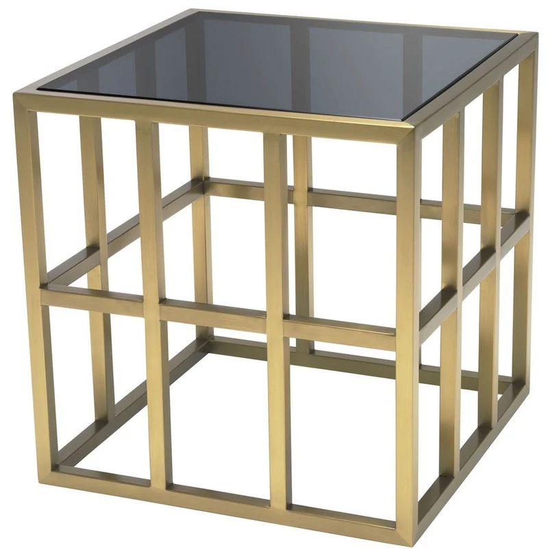 Casa Padrino Luxus Beistelltisch in Würfelform Messingfarben / Grau 45 x 45 x H. 45 cm - Edelstahl Tisch mit Glasplatte - Wohnzimmer Möbel - Luxus Kollektion