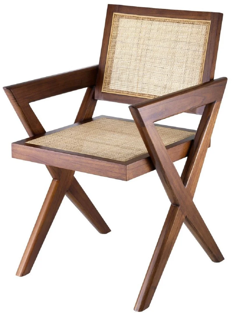 Casa Padrino Luxus Esszimmerstuhl Braun / Naturfarben 53 x 57 x H. 84,5 cm - Massivholz Stuhl mit Armlehnen und handgewebtem Rattangeflecht - Luxus Esszimmer Möbel