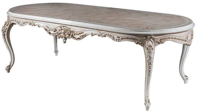 Casa Padrino Luxus Barock Esstisch Beige / Weiß / Gold 247 x 110 x H. 80 cm - Ovaler Massivholz Esszimmertisch - Barock Esszimmer Möbel - Edel & Prunkvoll