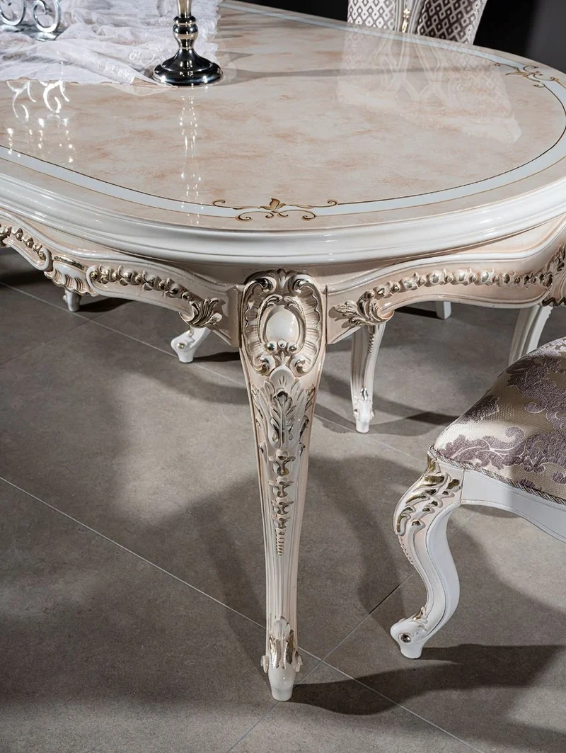 Casa Padrino Luxus Barock Esstisch Beige / Weiß / Gold 247 x 110 x H. 80 cm - Ovaler Massivholz Esszimmertisch - Barock Esszimmer Möbel - Edel & Prunkvoll