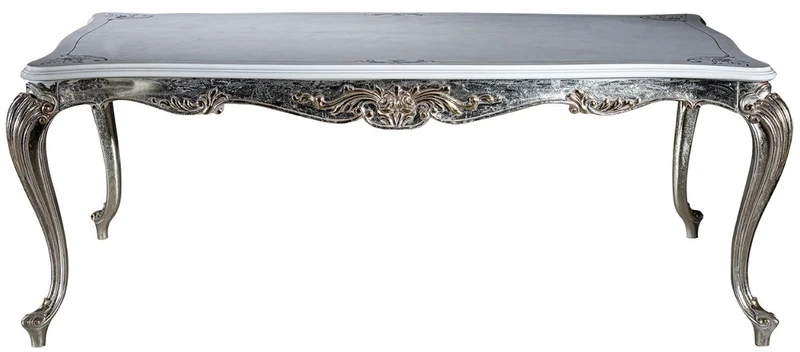 Casa Padrino Luxus Barock Esstisch Weiß / Silber / Gold 207 x 112 x H. 82 cm - Massivholz Esszimmertisch - Edle Barock Esszimmer Möbel