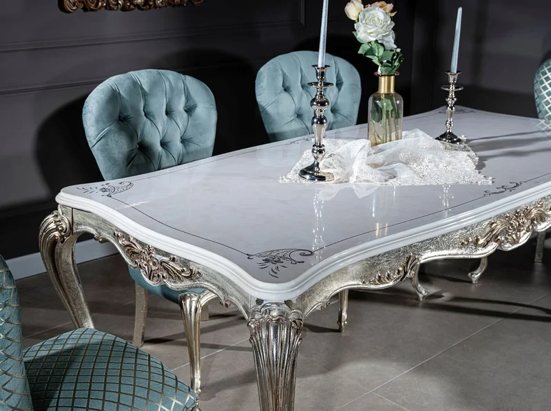 Casa Padrino Luxus Barock Esstisch Weiß / Silber / Gold 207 x 112 x H. 82 cm - Massivholz Esszimmertisch - Edle Barock Esszimmer Möbel