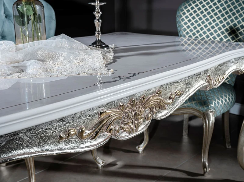Casa Padrino Luxus Barock Esstisch Weiß / Silber / Gold 207 x 112 x H. 82 cm - Massivholz Esszimmertisch - Edle Barock Esszimmer Möbel