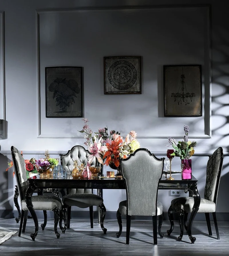 Casa Padrino Luxus Barock Esszimmer Stuhl Set Silber / Grau / Schwarz 55 x 55 x H. 116 cm - Edles Küchen Stühle 6er Set - Esszimmer Möbel im Barockstil