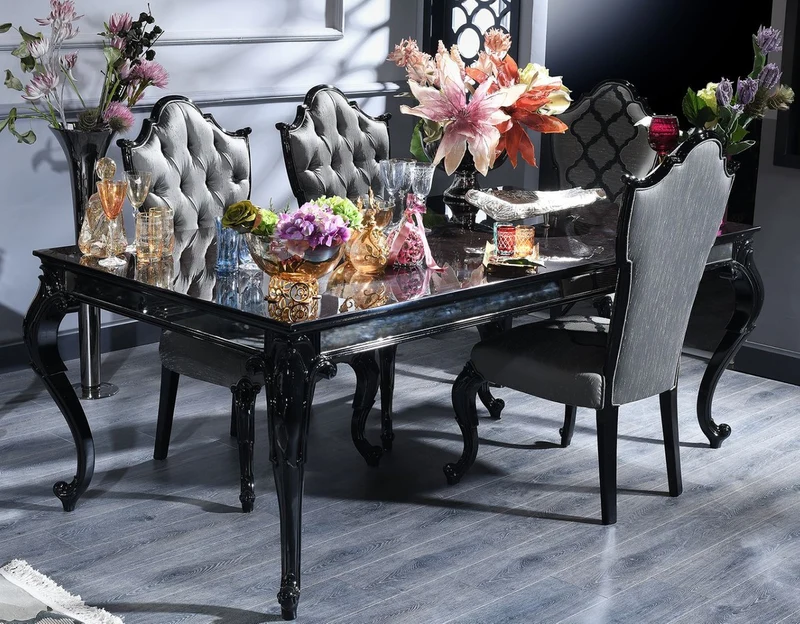 Casa Padrino Luxus Barock Esszimmer Stuhl Set Silber / Grau / Schwarz 55 x 55 x H. 116 cm - Edles Küchen Stühle 6er Set - Esszimmer Möbel im Barockstil