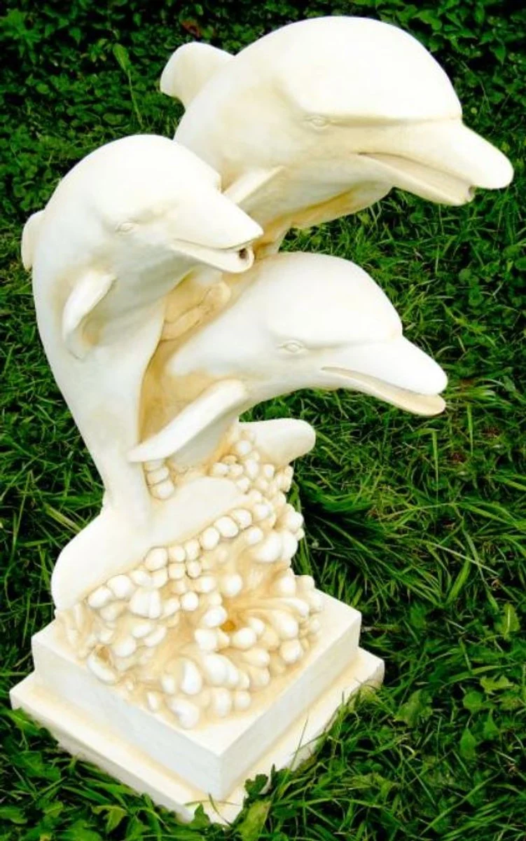 Casa Padrino Jugendstil Wasserspeier Skulptur Delfine Weiß / Sandfaben H. 80 cm - Gartendeko Wasserspeier Figur - Garten Deko Accessoires