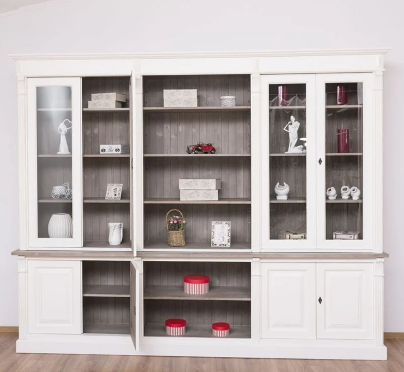 Casa Padrino Landhausstil Bücherschrank Weiß / Braungrau 286 x 51 x H. 228 cm - Massivholz Schrank - Wohnzimmerschrank - Büroschrank - Landhausstil Möbel
