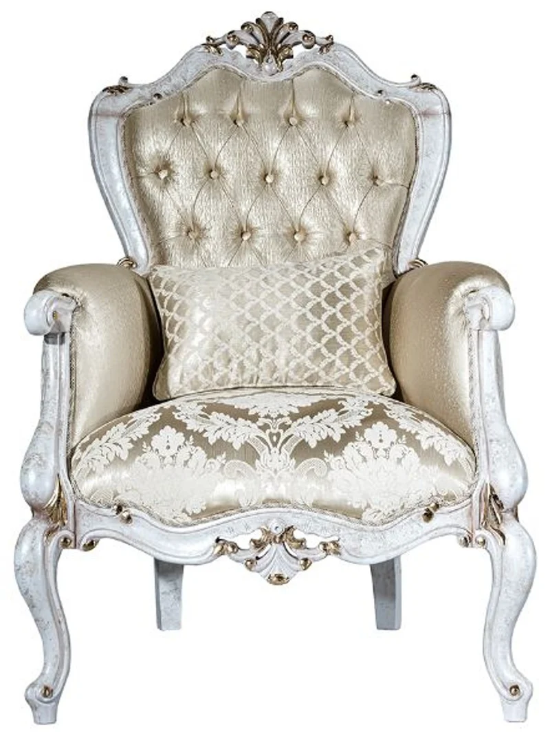 Casa Padrino Luxus Barock Wohnzimmer Set Gold Muster / Antik Weiß / Gold - 2 Sofas & 2 Sessel & 1 Couchtisch - Wohnzimmer Möbel im Barockstil - Edel & Prunkvoll