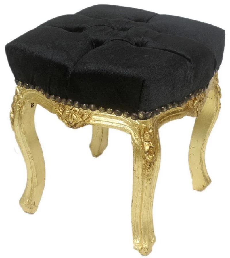 Casa Padrino Barock Fußhocker Schwarz / Gold 45 x 40 x H. 35 cm - Handgefertigter Barock Hocker mit Glitzersteinen - Barockstil Möbel