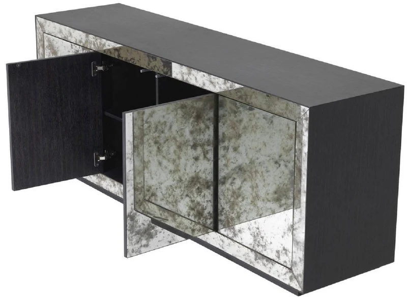 Casa Padrino Luxus Sideboard Anthrazitgrau / Antikes Spiegelglas 200 x 49,5 x H. 79 cm - Massivholz Schrank mit 4 verspiegelten Türen - Luxus Qualität