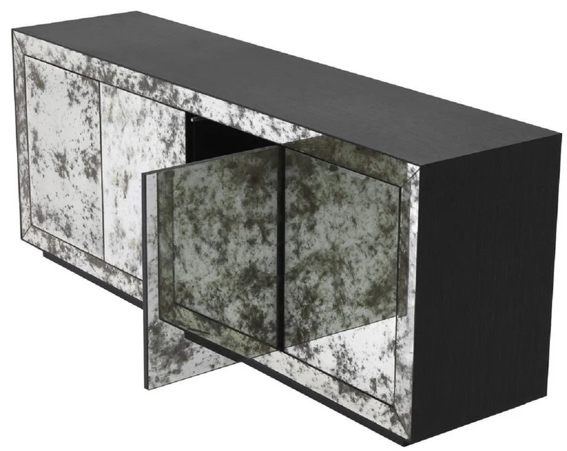 Casa Padrino Luxus Sideboard Anthrazitgrau / Antikes Spiegelglas 200 x 49,5 x H. 79 cm - Massivholz Schrank mit 4 verspiegelten Türen - Luxus Qualität