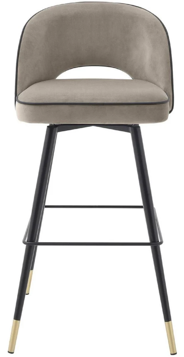Casa Padrino Luxus Barstuhl Set Greige / Schwarz / Messingfarben 51 x 52 x H. 103 cm - Barstühle mit drehbarer Sitzfläche und edlem Samtsoff - Luxus Bar Möbel
