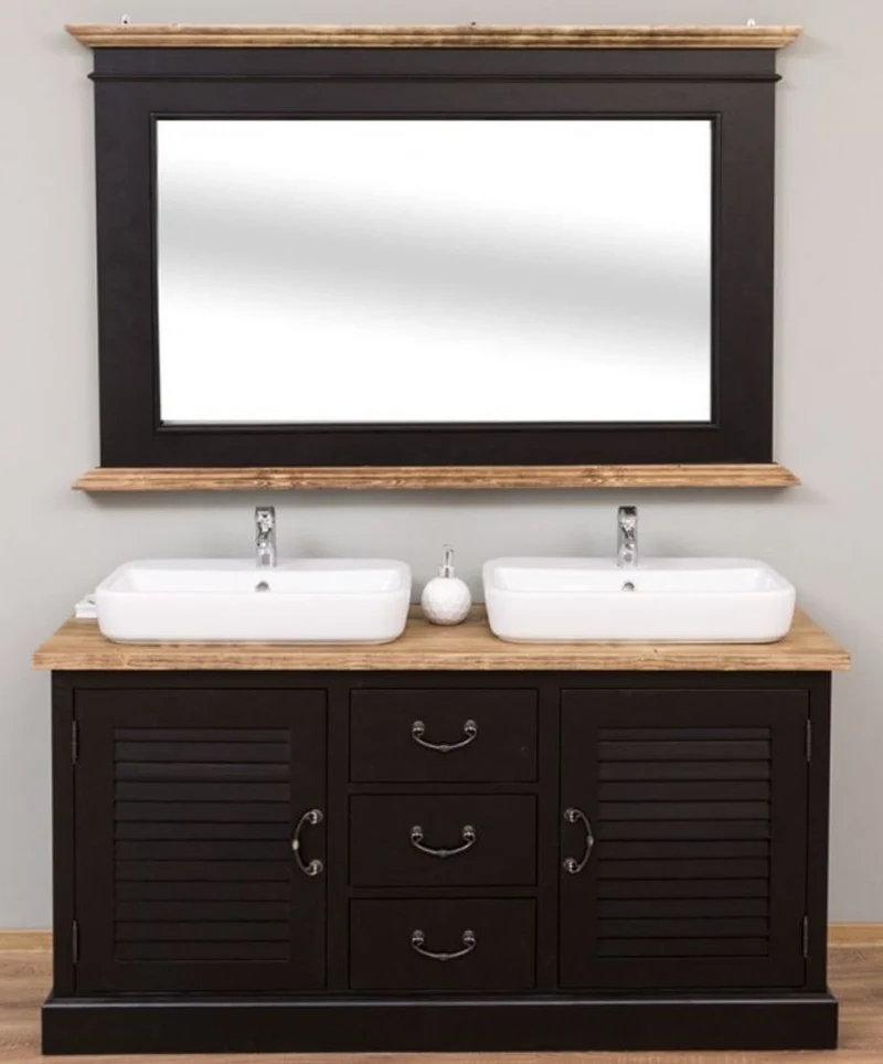 Casa Padrino Landhausstil Badezimmer Set Schwarz / Naturfarben - 1 Doppelwaschtisch & 1 Wandspiegel - Landhausstil Badezimmer Möbel