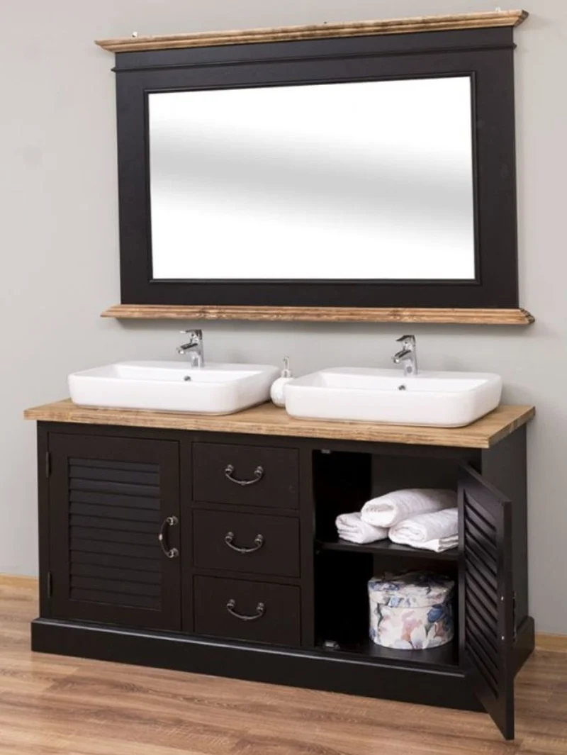 Casa Padrino Landhausstil Badezimmer Set Schwarz / Naturfarben - 1 Doppelwaschtisch & 1 Wandspiegel - Landhausstil Badezimmer Möbel