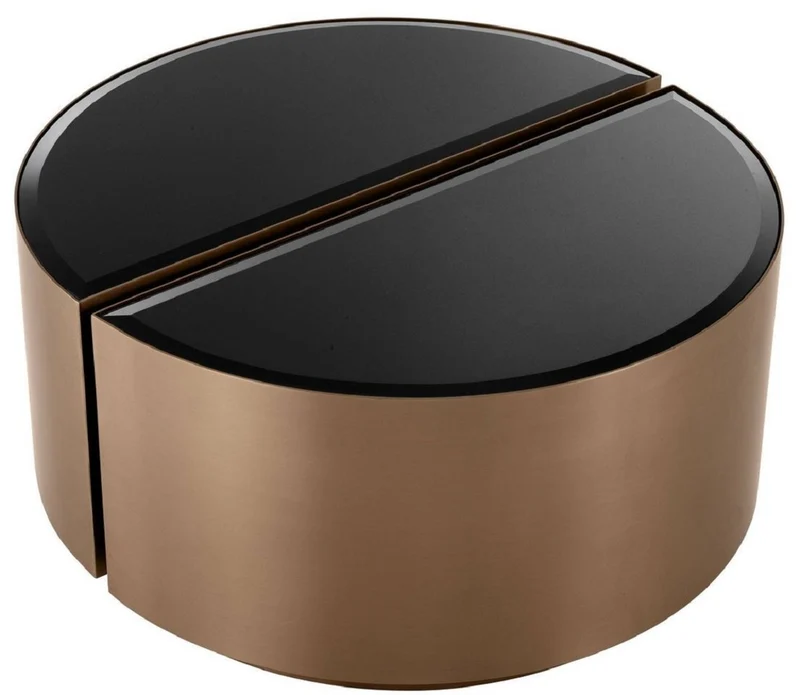 Casa Padrino Luxus Beistelltisch Set Kupferfarben / Schwarz - 2 halbkreisförmige Edelstahl Tische mit abgeschrägten Glasplatten - Luxus Wohnzimmer Möbel