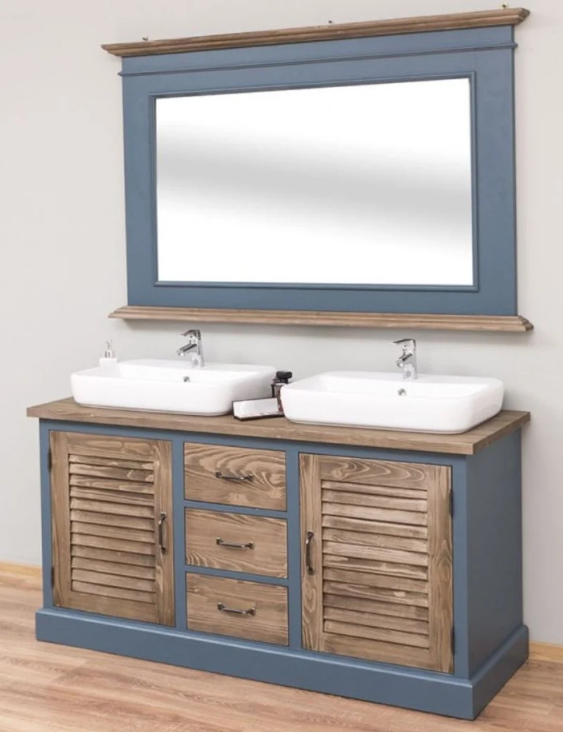 Casa Padrino Landhausstil Badezimmer Set Blau / Braun - 1 Doppelwaschtisch & 1 Wandspiegel - Landhausstil Badezimmer Möbel