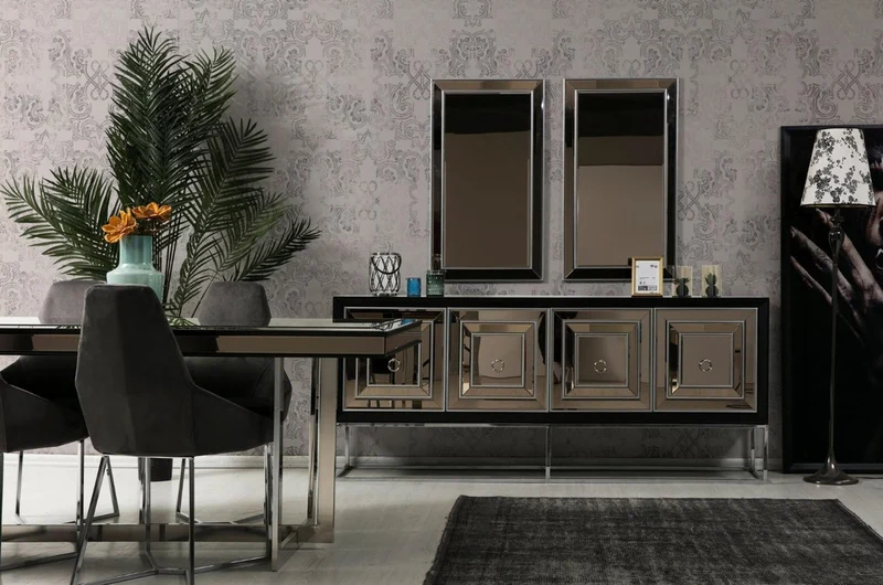Casa Padrino Luxus Sideboard mit 4 verspiegelten Türen Schwarz / Silber 208 x 49 x H. 88 cm - Luxus Wohnzimmer Möbel