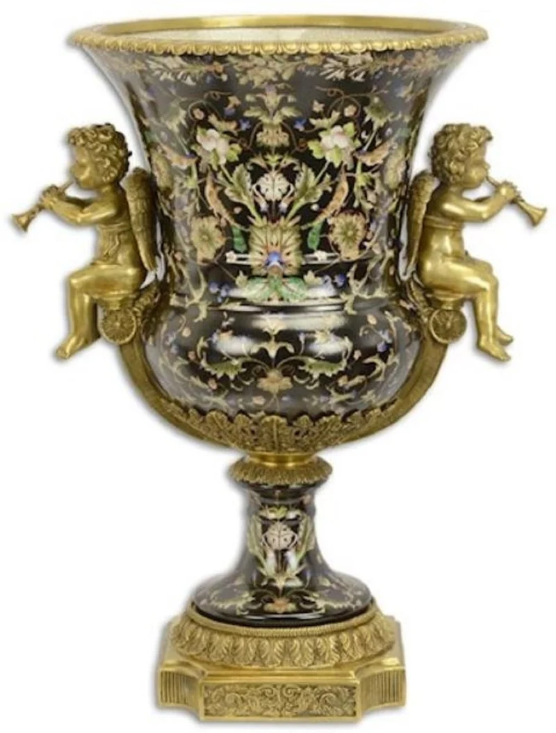Casa Padrino Barock Porzellan Vase mit Blumen Design und dekorativen Engelsfiguren Schwarz / Mehrfarbig / Messingfarben 49 x 37,5 x H. 61,1 cm - Prunkvolle Blumenvase - Deko Vase im Barockstil