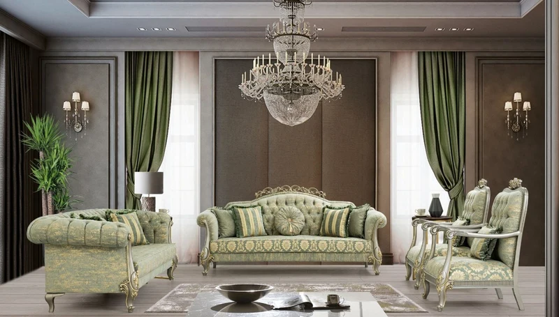 Casa Padrino Luxus Barock Wohnzimmer Set Grün / Gold / Grau / Gold - 2 Sofas & 2 Sessel - Wohnzimmer Möbel im Barockstil - Edel & Prunkvoll