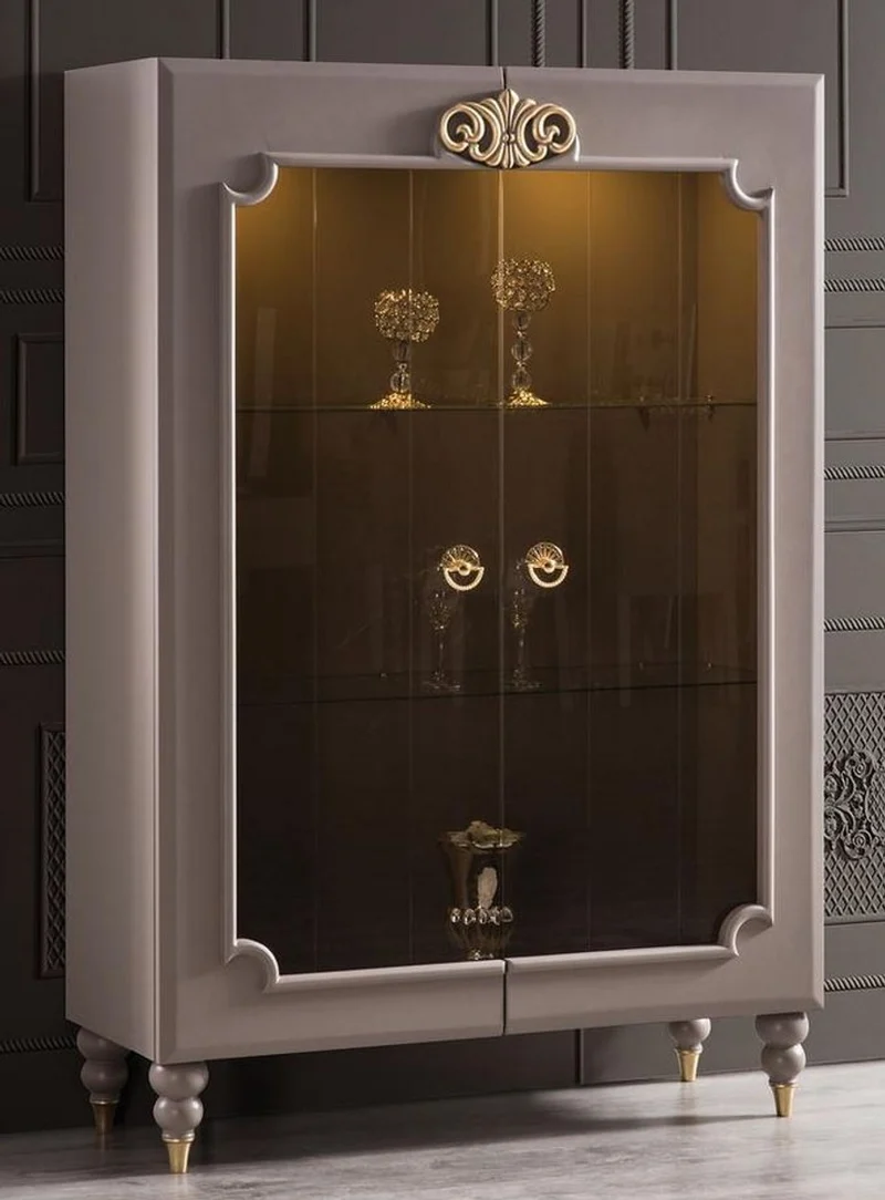 Casa Padrino Luxus Barock Vitrine Grau / Gold 116 x 45 x H. 170 cm - Beleuchteter Massivholz Vitrinenschrank mit 2 Glastüren - Edle Barock Möbel