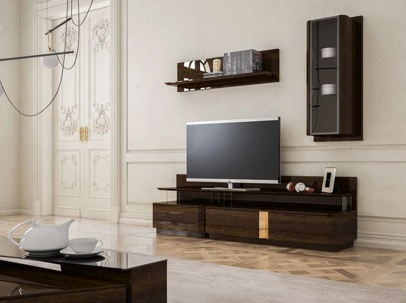 Casa Padrino Luxus Wohnzimmer TV Schrank Set Braun / Grau / Gold - 1 TV Schrank & 1 Hängeschrank & 1 Wandregal - Edles Wohnzimmer Möbel Set - Luxus Qualität