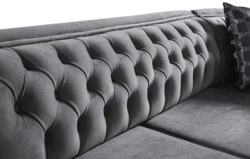 Casa Padrino Luxus Art Deco Chesterfield Ecksofa Grau / Schwarz / Gold 320 x 285 x H. 82 cm - Edles Wohnzimmer Sofa mit dekorativen Kissen - Luxus Qualität