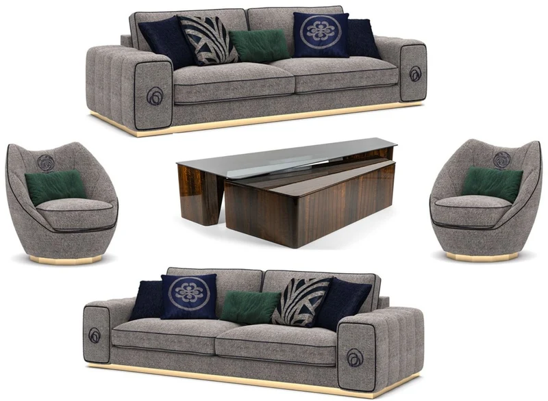 Casa Padrino Luxus Wohnzimmer Set Grau / Braun - 2 Sofas & 2 Sessel & 1 Couchtisch Set - Edle Wohnzimmermöbel - Luxus Möbel