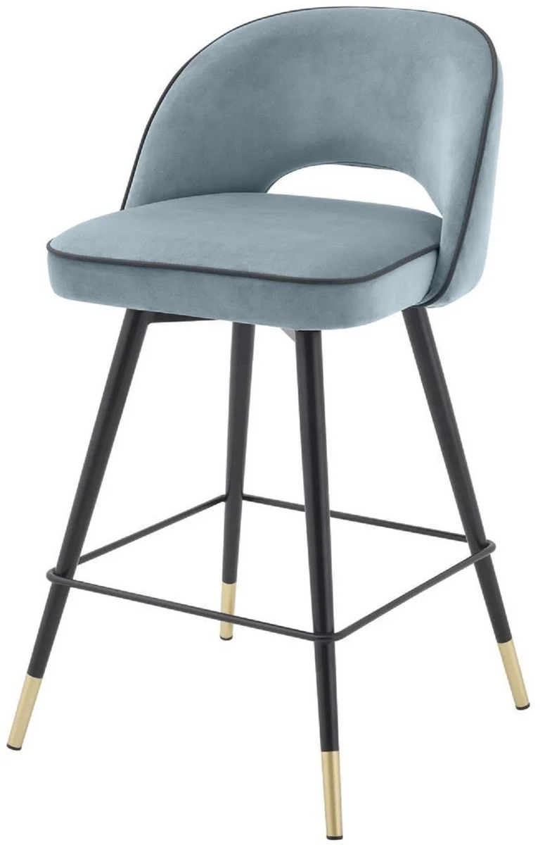 Casa Padrino Luxus Barstuhl Set Blau / Schwarz / Messingfarben 51 x 52 x H. 103 cm - Barstühle mit drehbarer Sitzfläche und edlem Samtsoff - Luxus Bar Möbel