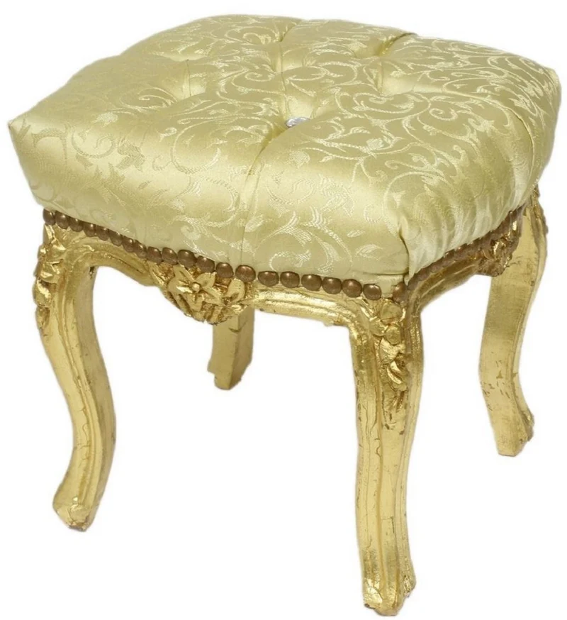 Casa Padrino Barock Fußhocker Gold Muster / Gold 45 x 40 x H. 35 cm - Handgefertigter Barock Hocker mit Glitzersteinen - Barockstil Möbel