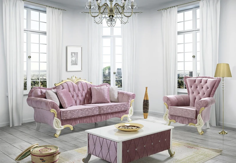 Casa Padrino Barock Wohnzimmer Set Rosa / Weiß / Gold - 2 Sofas & 2 Sessel & 1 Couchtisch - Wohnzimmer Möbel im Barockstil - Edle Barock Möbel