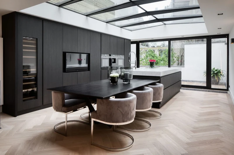 Casa Padrino Luxus Esstisch Schwarz 240 x 120 x H. 76 cm - Rechteckiger Küchentisch mit Eichenholz Furnier Tischplatte - Luxus Esszimmer Möbel