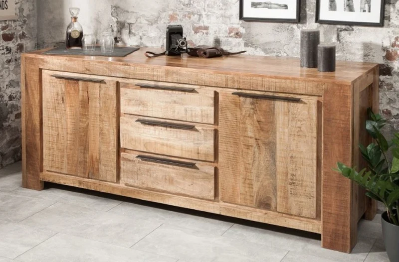 Casa Padrino Landhausstil Sideboard Naturfarben 175 x 50 x H. 76 cm - Massivholz Schrank mit 2 Türen und 3 Schubladen - Wohnzimmer Möbel