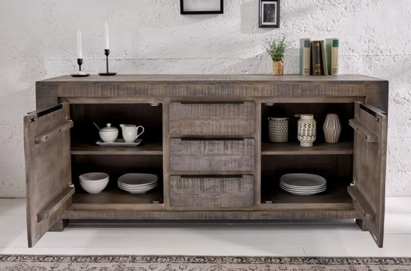 Casa Padrino Landhausstil Sideboard Grau 175 x 50 x H. 76 cm - Massivholz Schrank mit 2 Türen und 3 Schubladen - Wohnzimmer Möbel