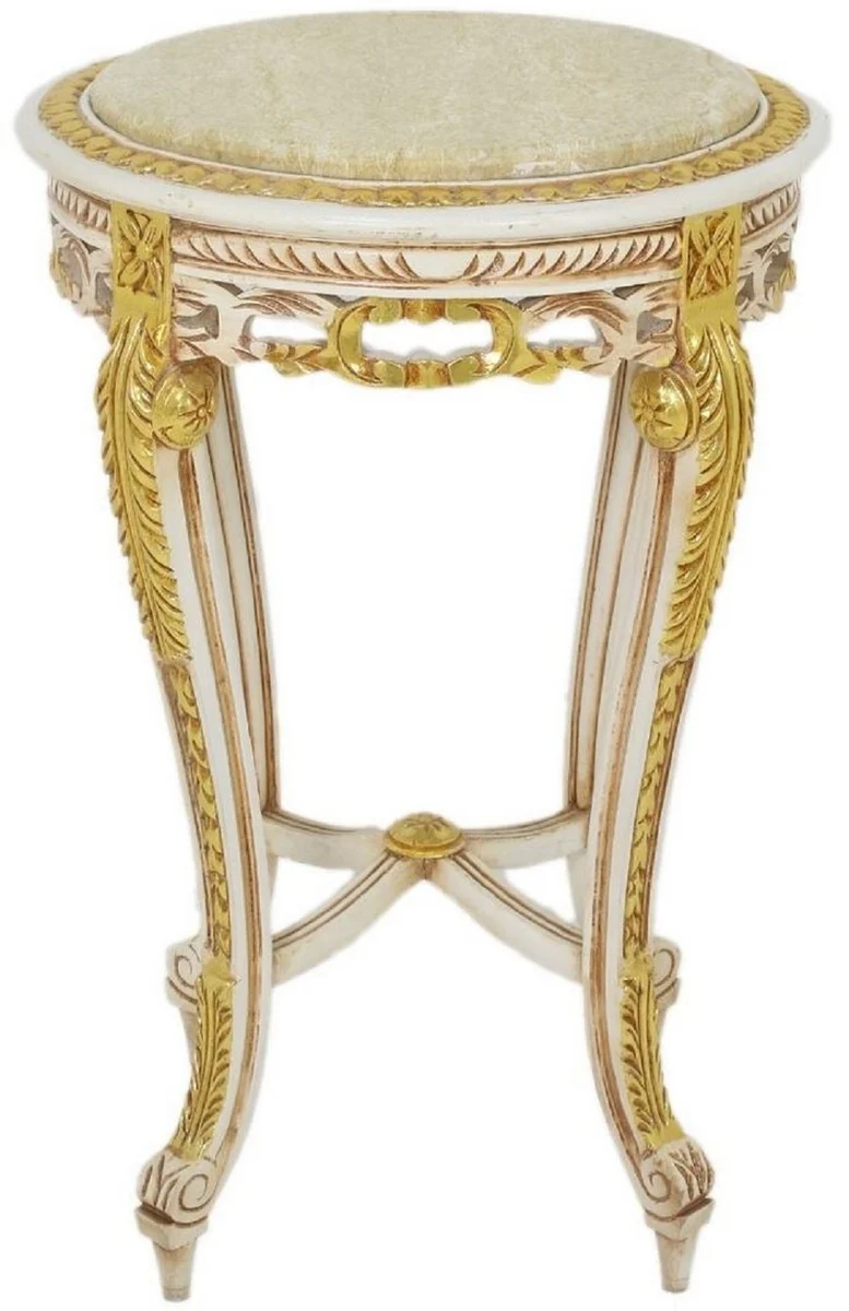 Casa Padrino Barock Beistelltisch mit Marmorplatte Weiß / Beige / Gold / Creme Ø 40 x H. 60 cm - Runder Antik Stil Tisch - Barock Wohnzimmer Möbel