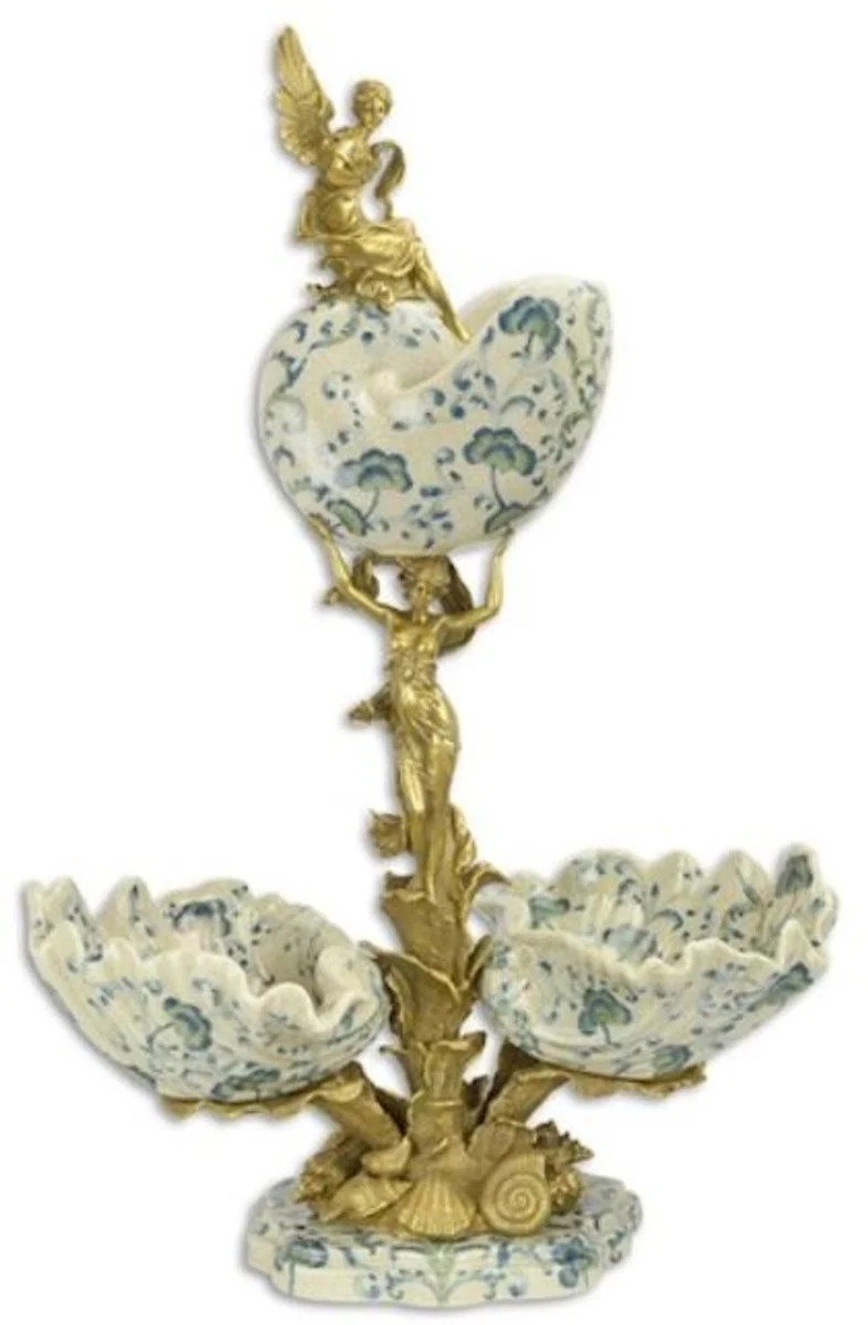 Casa Padrino Jugendstil Tisch Deko Objekt Creme / Blau / Gold 49,4 x 27,5 x H. 74 cm - Porzellan Deko Schalen mit dekorativen Bronze Engelsfiguren - Barock & Jugendstil Deko Accessoires