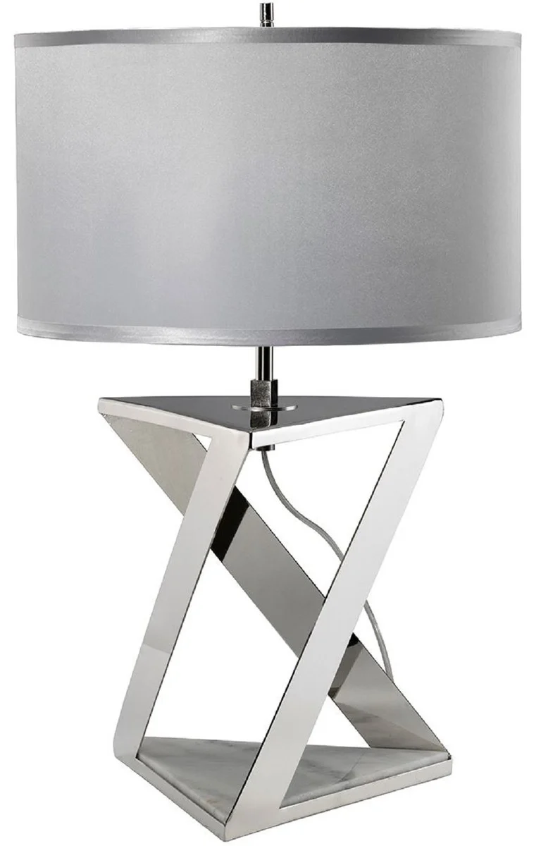 Casa Padrino Luxus Tischleuchte Silber / Weiß / Grau Ø 32 x H. 70 cm - Moderne Tischlampe mit rundem Kunstseide Lampenschirm - Luxus Kollektion