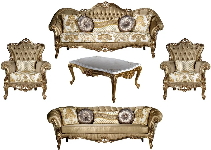 Casa Padrino Luxus Barock Wohnzimmer Set Gold / Weiß - 2 Sofas & 2 Sessel & 1 Couchtisch - Wohnzimmer Möbel im Barockstil - Edel & Prunkvoll