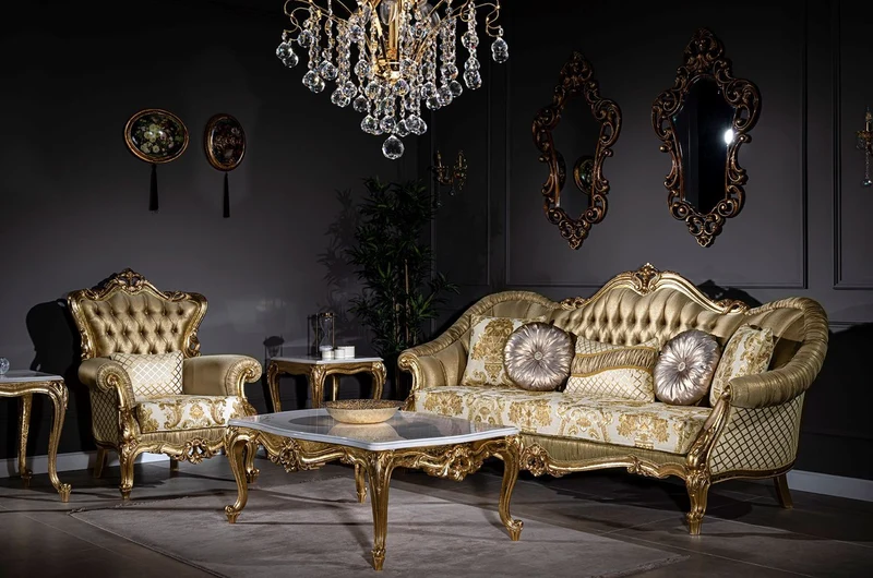 Casa Padrino Luxus Barock Wohnzimmer Set Gold / Weiß - 2 Sofas & 2 Sessel & 1 Couchtisch - Wohnzimmer Möbel im Barockstil - Edel & Prunkvoll