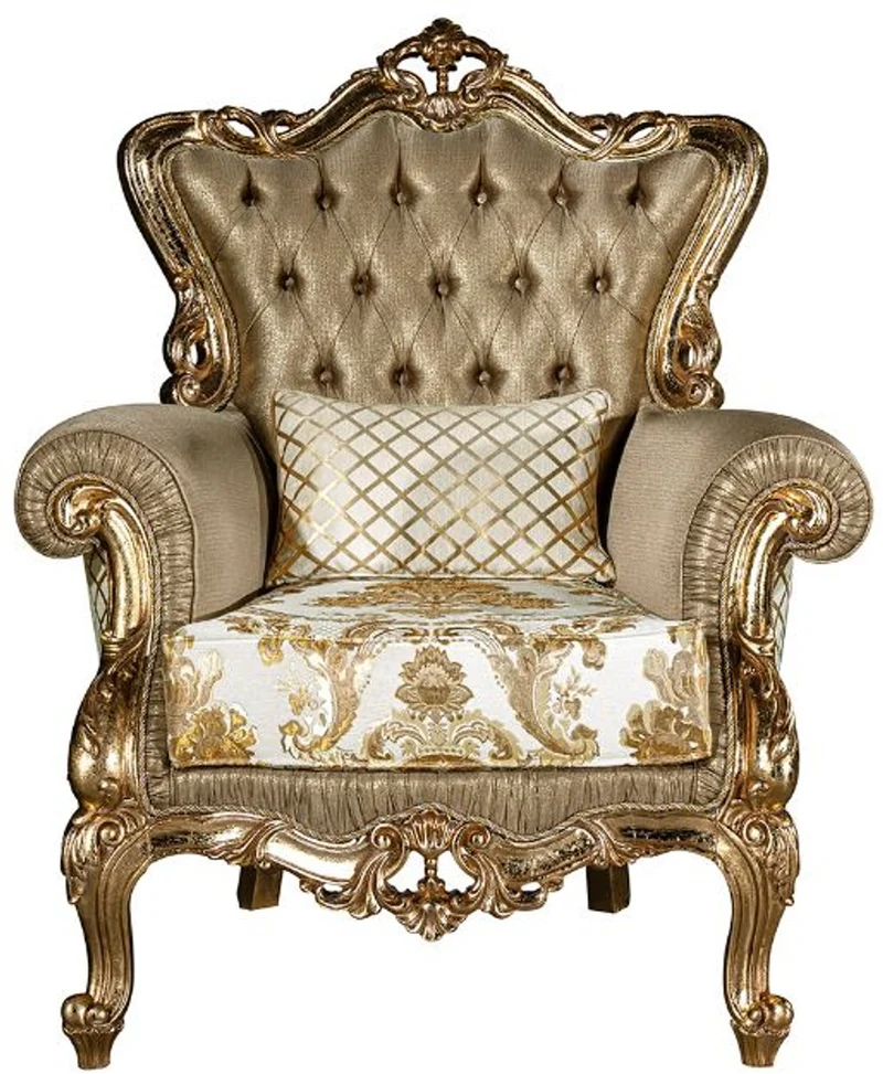 Casa Padrino Luxus Barock Wohnzimmer Sessel mit dekorativem Kissen Gold / Weiß 98 x 90 x H. 117 cm - Prunkvolle Barock Möbel