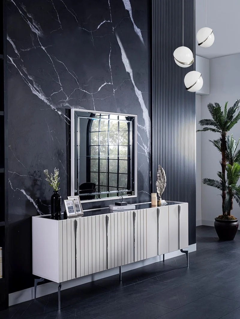 Casa Padrino Luxus Art Deco Sideboard Weiß / Schwarz / Silber 208 x 44 x H. 84 cm - Edler Schrank mit 5 Türen - Art Deco Möbel