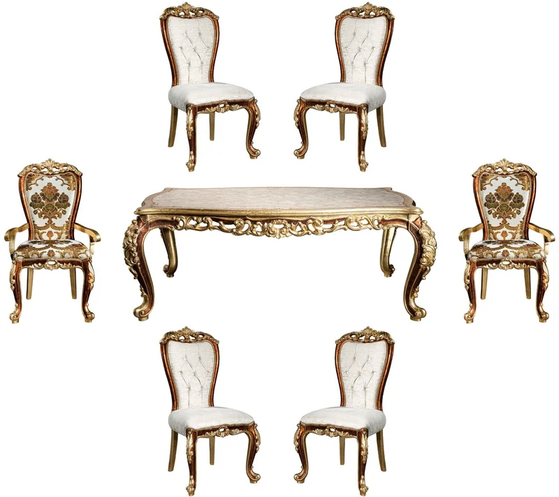 Casa Padrino Luxus Barock Esszimmer Set Weiß / Gold / Braun / Gold - 1 Esszimmertisch & 6 Esszimmerstühle - Edle Esszimmer Möbel im Barockstil - Edel & Prunkvoll