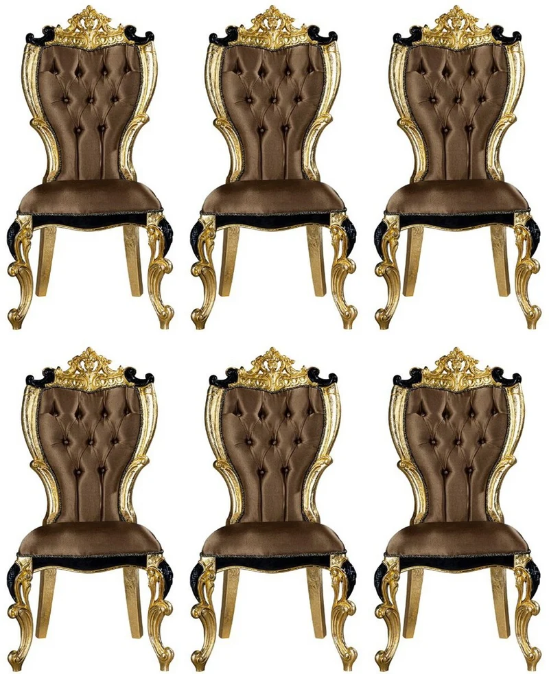 Casa Padrino Luxus Barock Esszimmer Stuhl Set Braun / Schwarz / Gold 60 x 65 x H. 120 cm - Küchen Stühle 6er Set im Barockstil - Barock Esszimmer Möbel